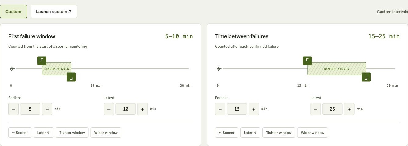 Custom failure timing sliders with minimum and maximum intervals and adjustment buttons