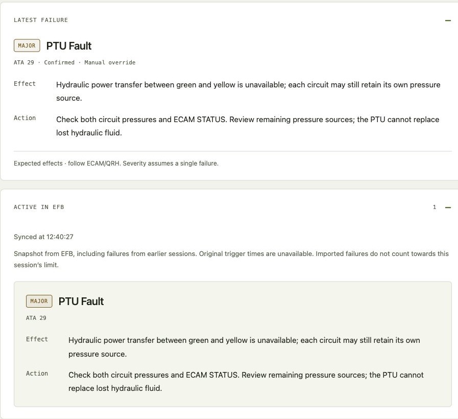Confirmed PTU failure with major severity, effects, actions and EFB active failure list